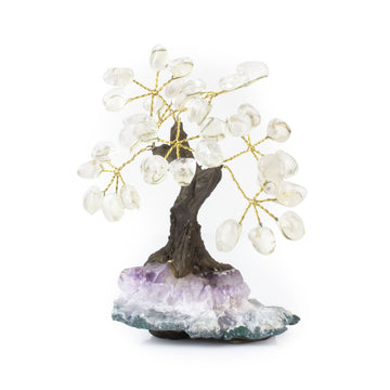 Small Crystal Quartz bonsai tree with tumbled clear quartz leaves on raw amethyst base.